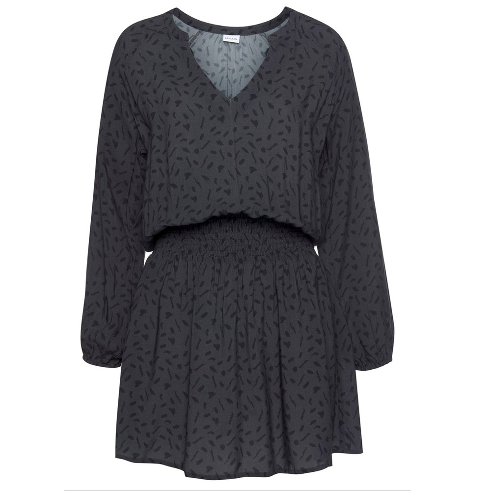 Lascana Black Gray Animal Print V-Neck Smocked Waist Mini Skater Dress Womens 8